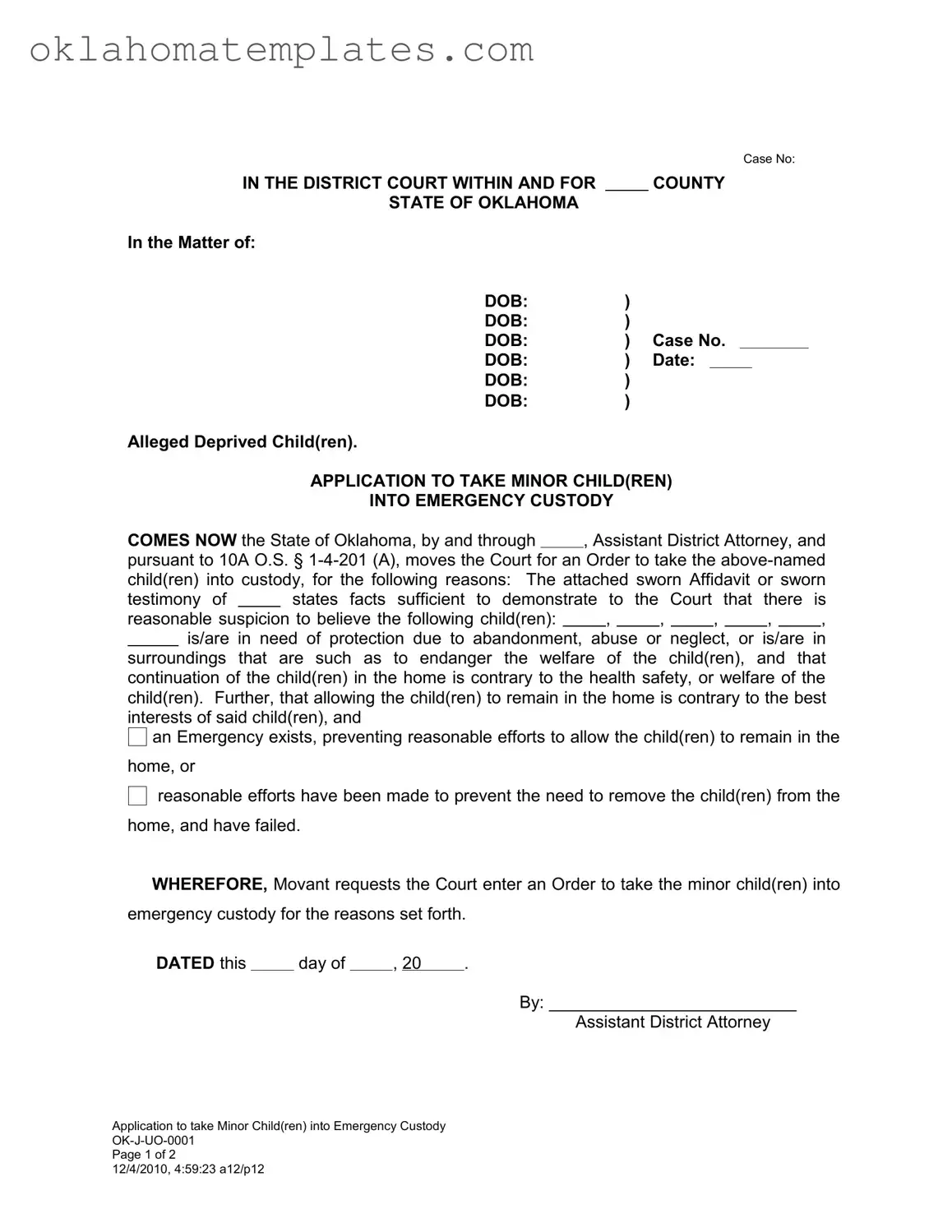 Fill in a Valid Emergency Custody Oklahoma Template