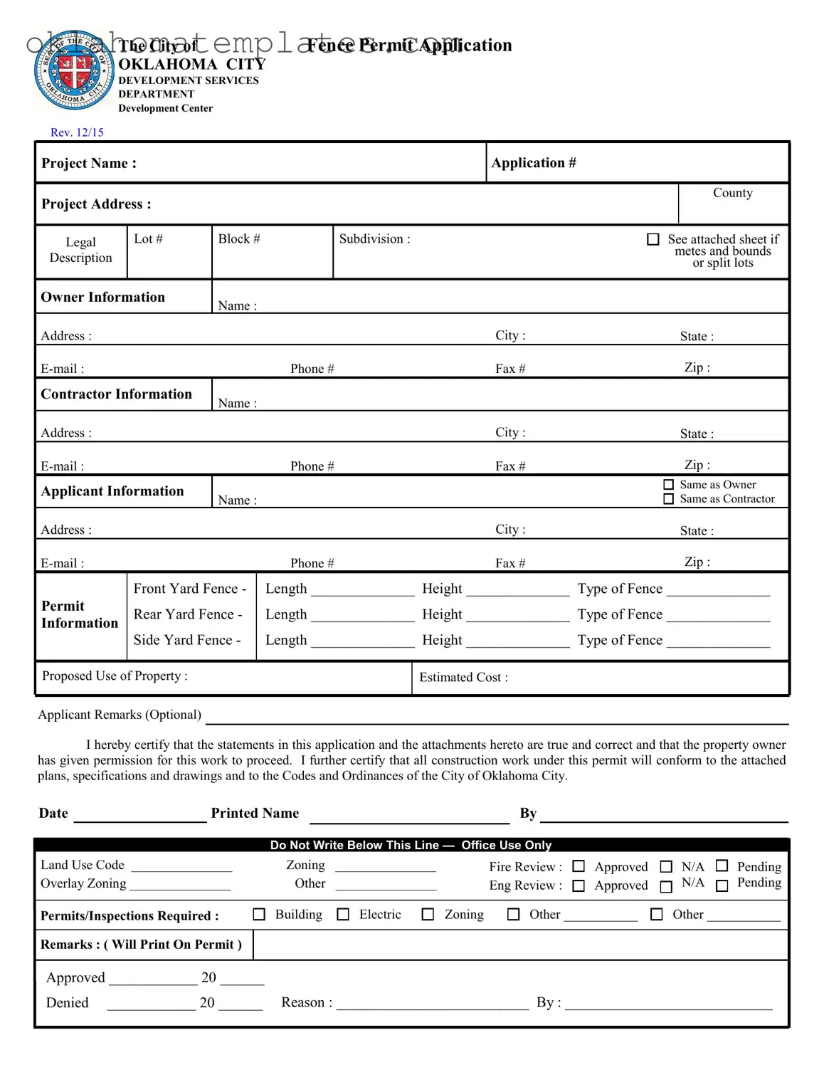 Fill in a Valid Fence Permit Application Oklahoma Template