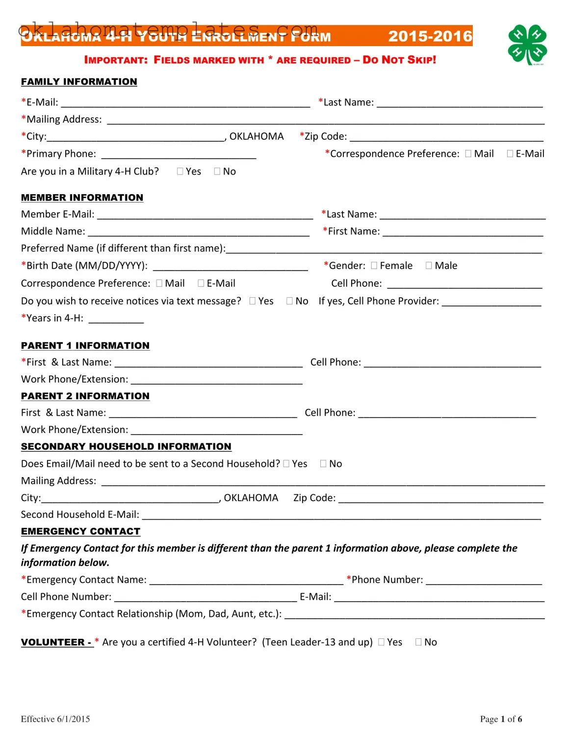 Fill in a Valid Oklahoma 4 H Youth Enrollment Template