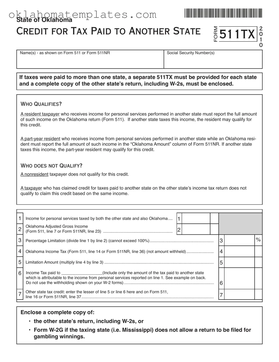 Fill in a Valid Oklahoma 511Tx Template