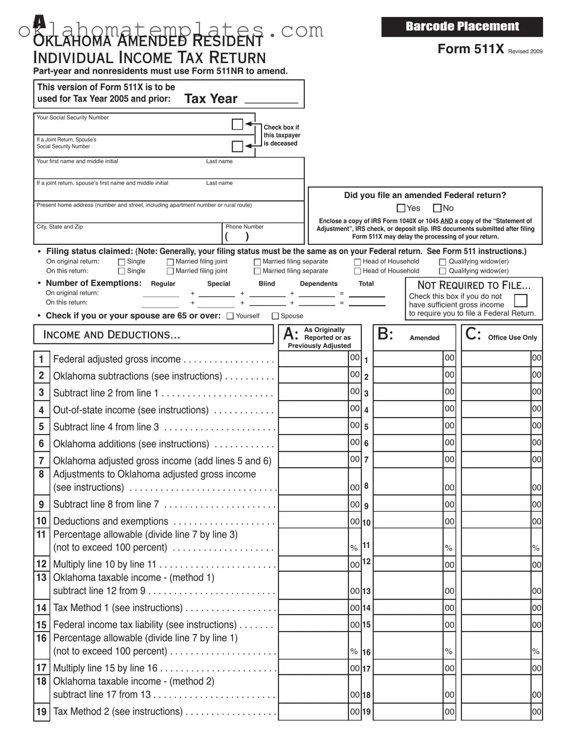 Fill in a Valid Oklahoma 511X Template