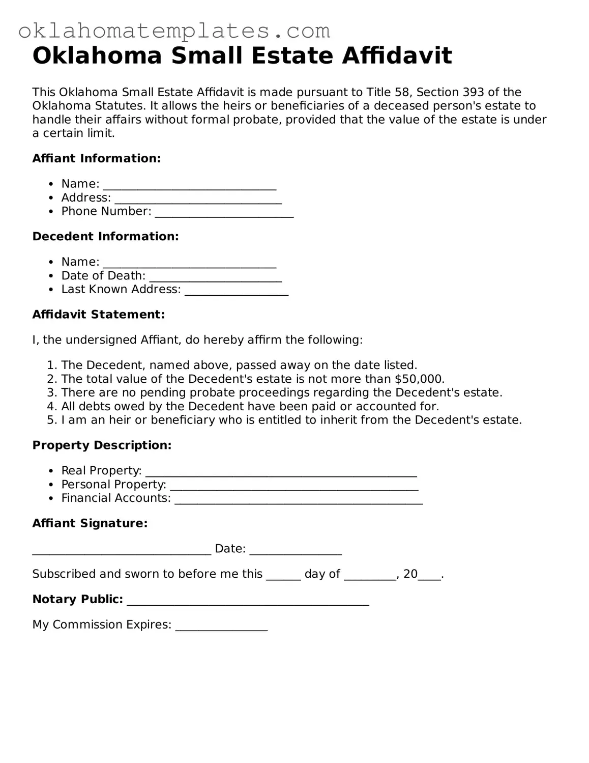Valid Small Estate Affidavit Document for the State of Oklahoma