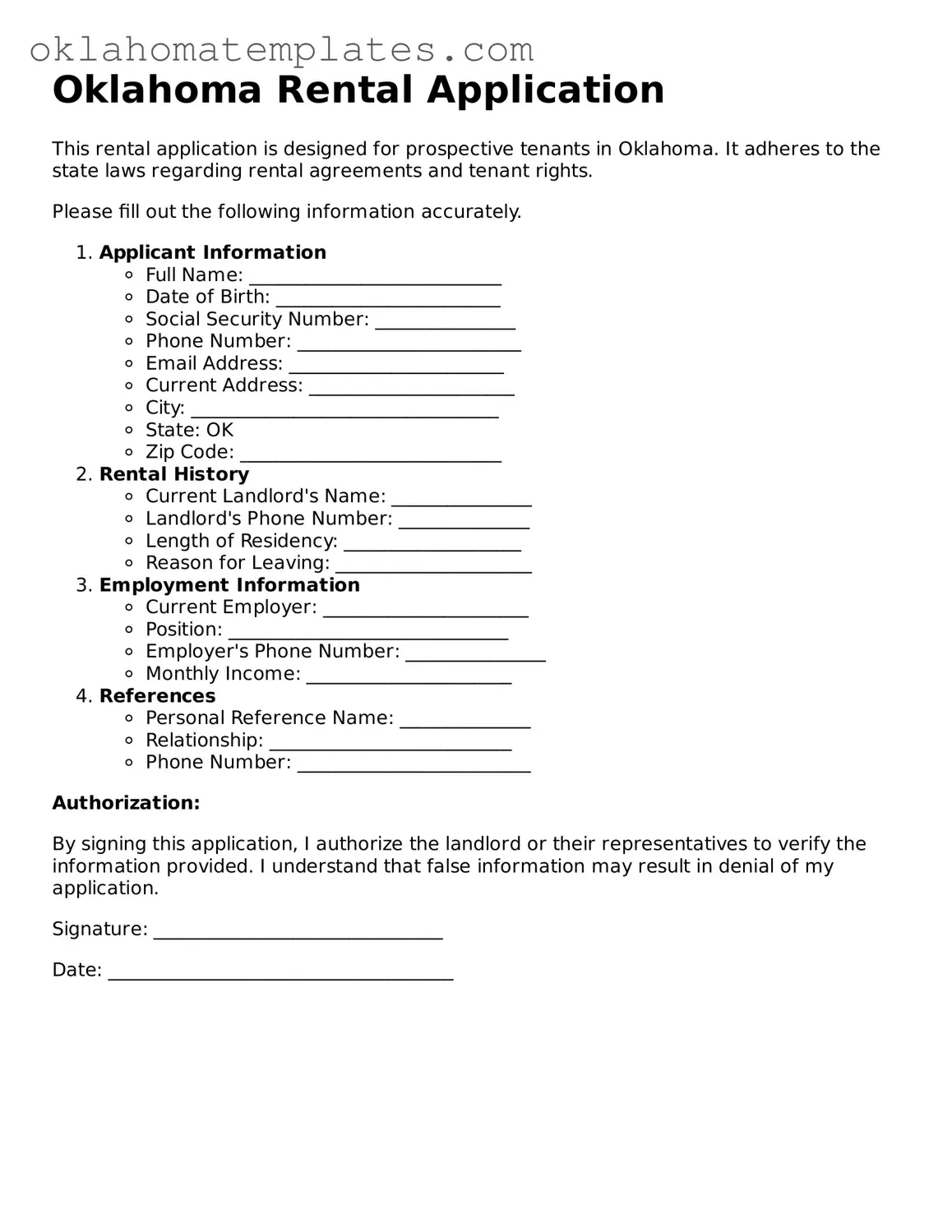 Valid Rental Application Document for the State of Oklahoma