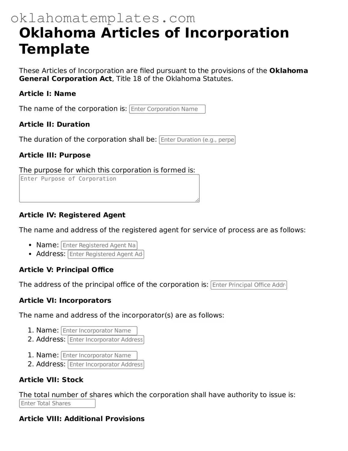 Valid Articles of Incorporation Document for the State of Oklahoma