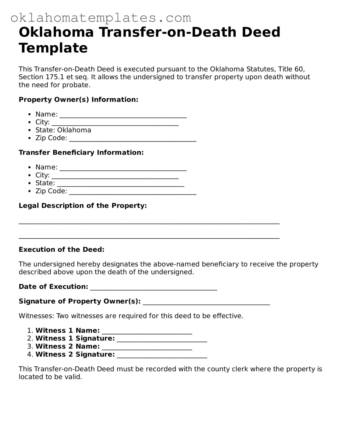 Valid Transfer-on-Death Deed Document for the State of Oklahoma