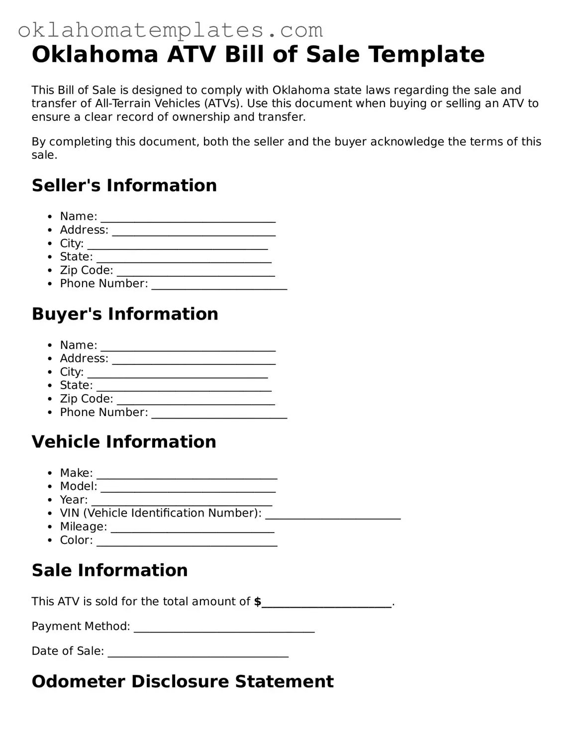 Valid ATV Bill of Sale Document for the State of Oklahoma