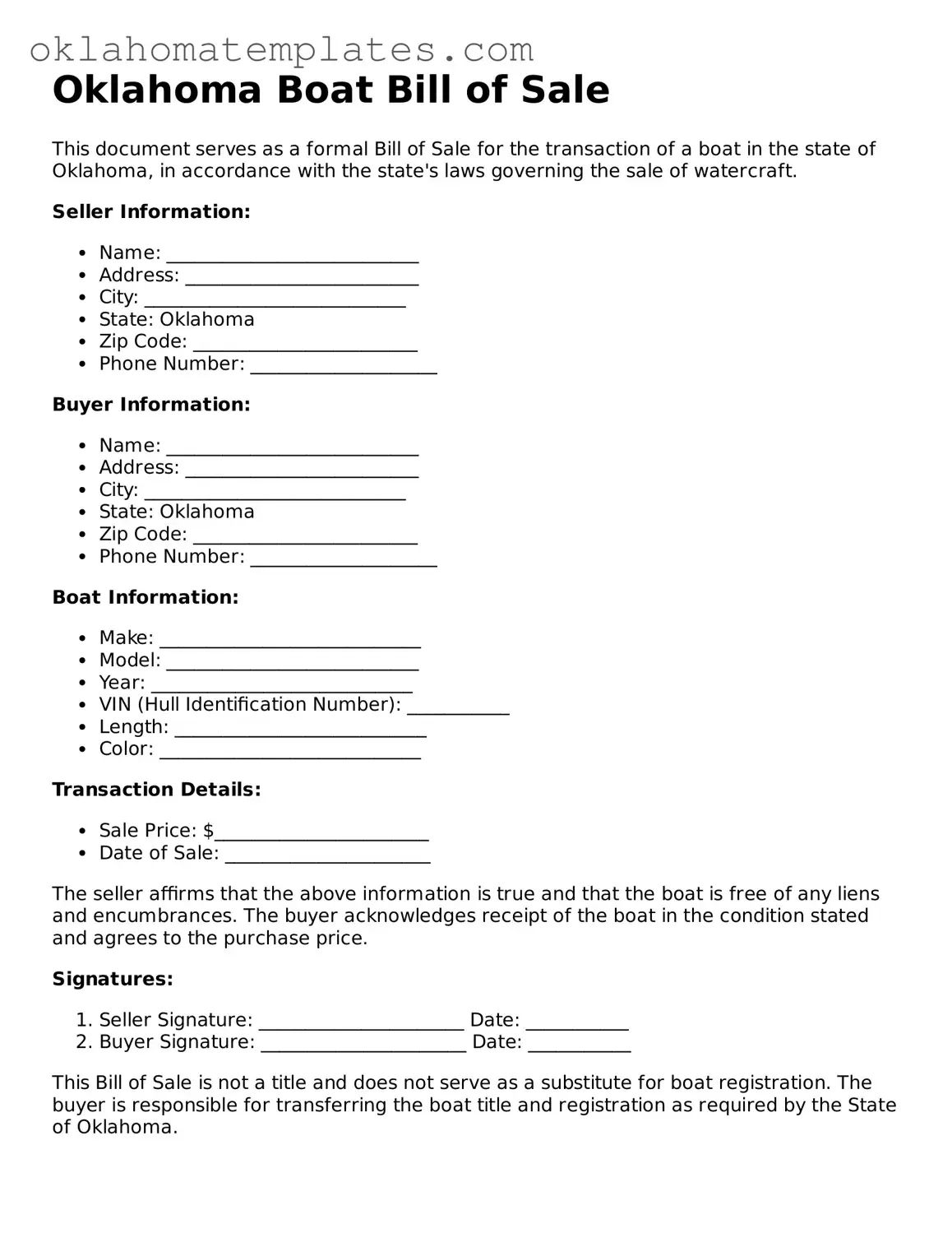 Valid Boat Bill of Sale Document for the State of Oklahoma