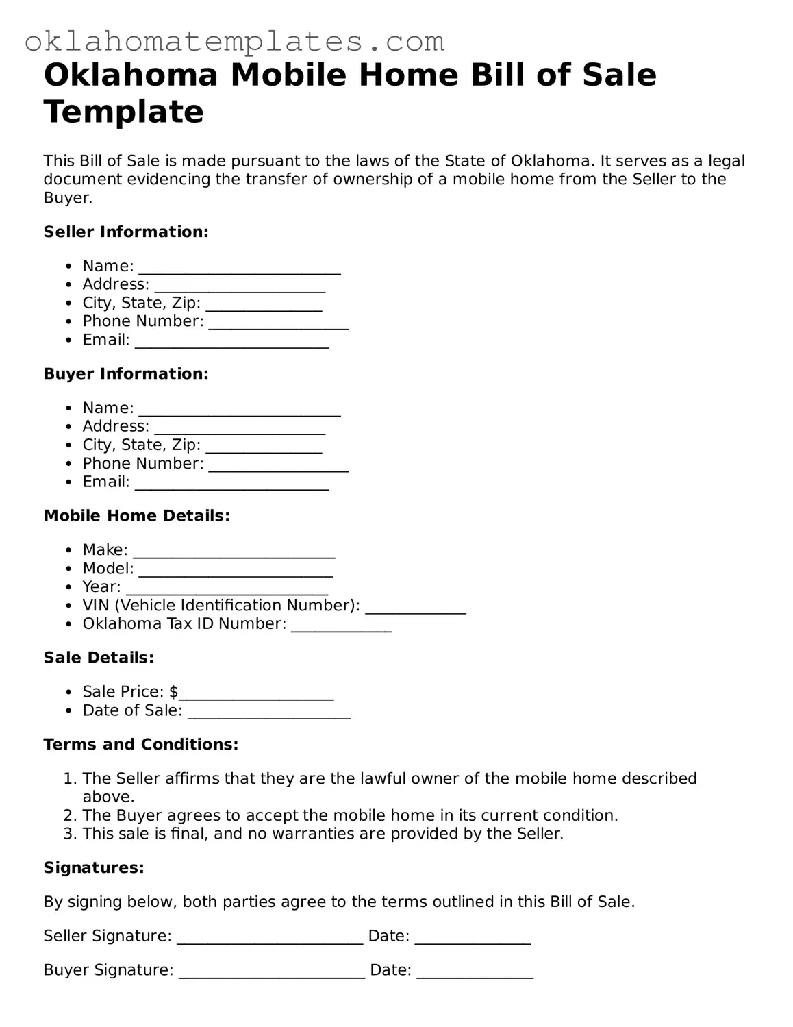 Valid Mobile Home Bill of Sale Document for the State of Oklahoma