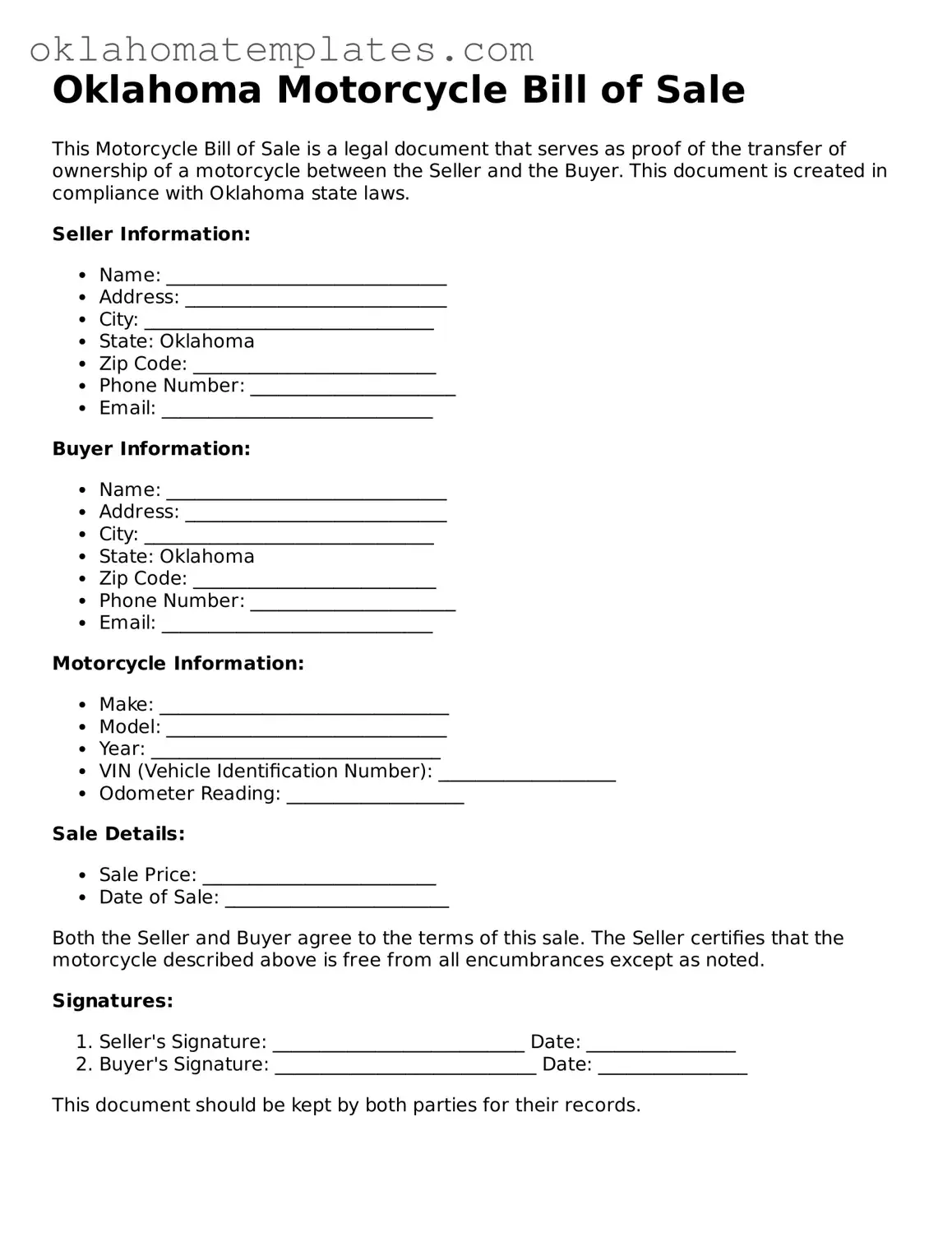 Valid Motorcycle Bill of Sale Document for the State of Oklahoma
