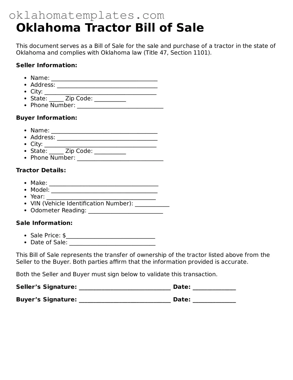 Valid Tractor Bill of Sale Document for the State of Oklahoma