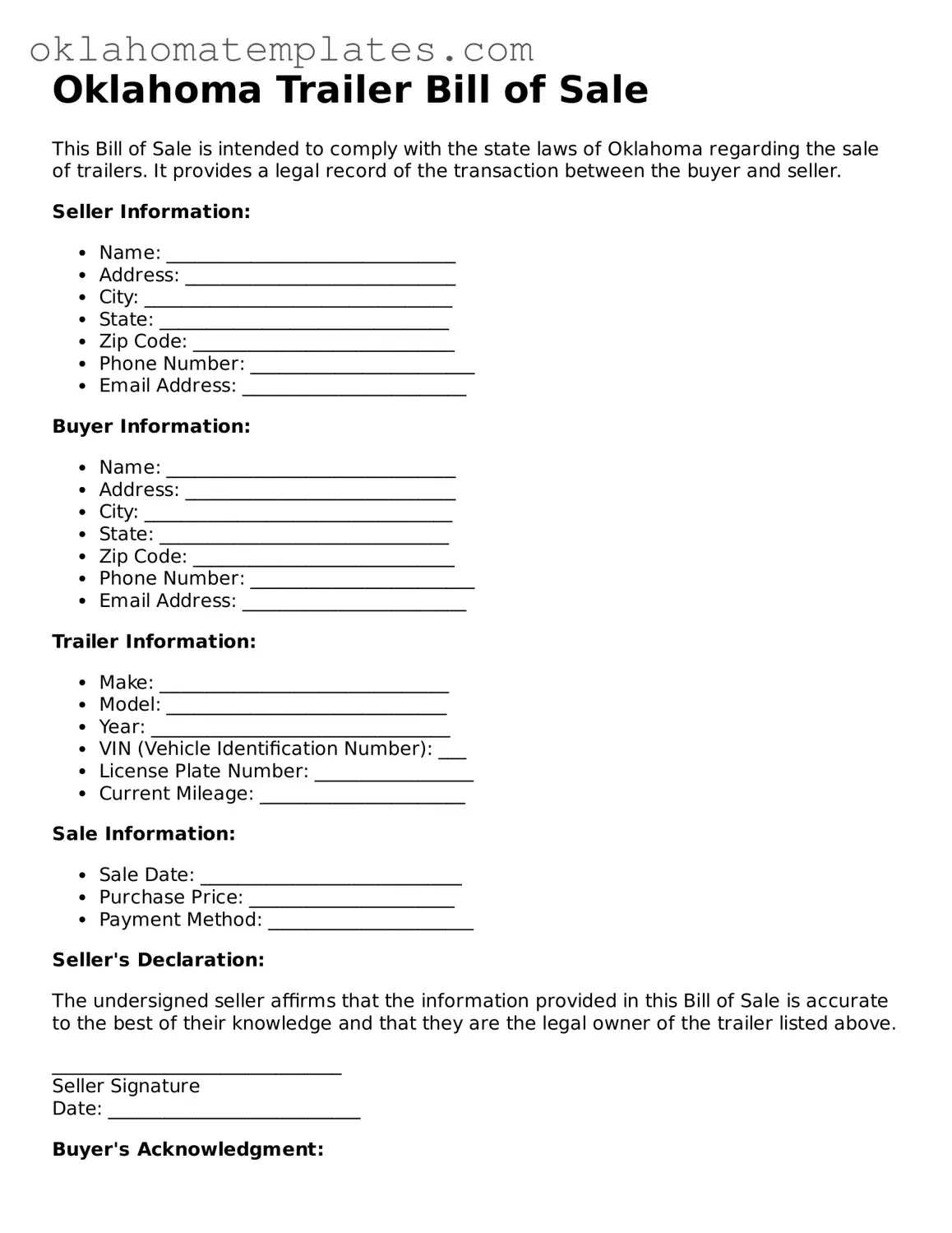 Valid Trailer Bill of Sale Document for the State of Oklahoma