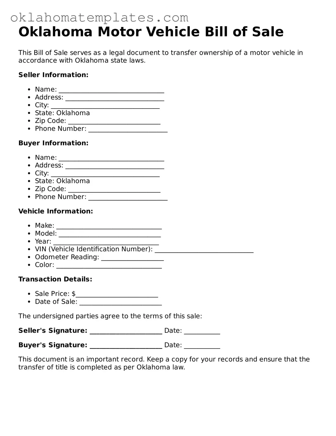 Valid Motor Vehicle Bill of Sale Document for the State of Oklahoma