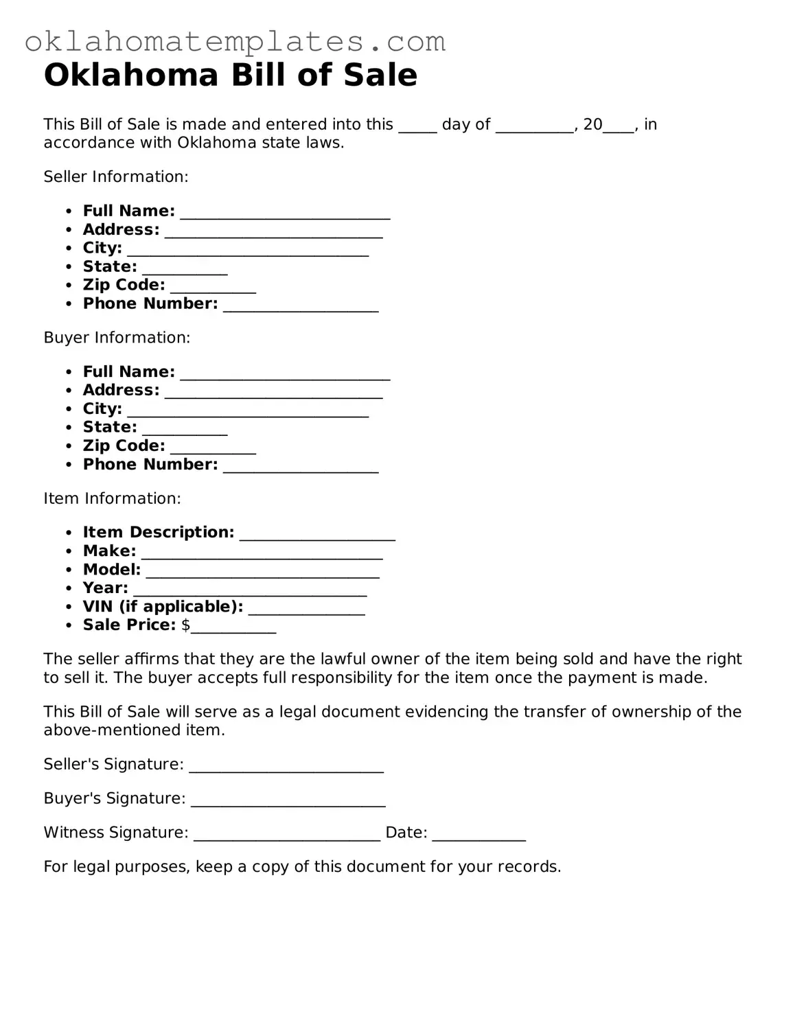 Valid Bill of Sale Document for the State of Oklahoma