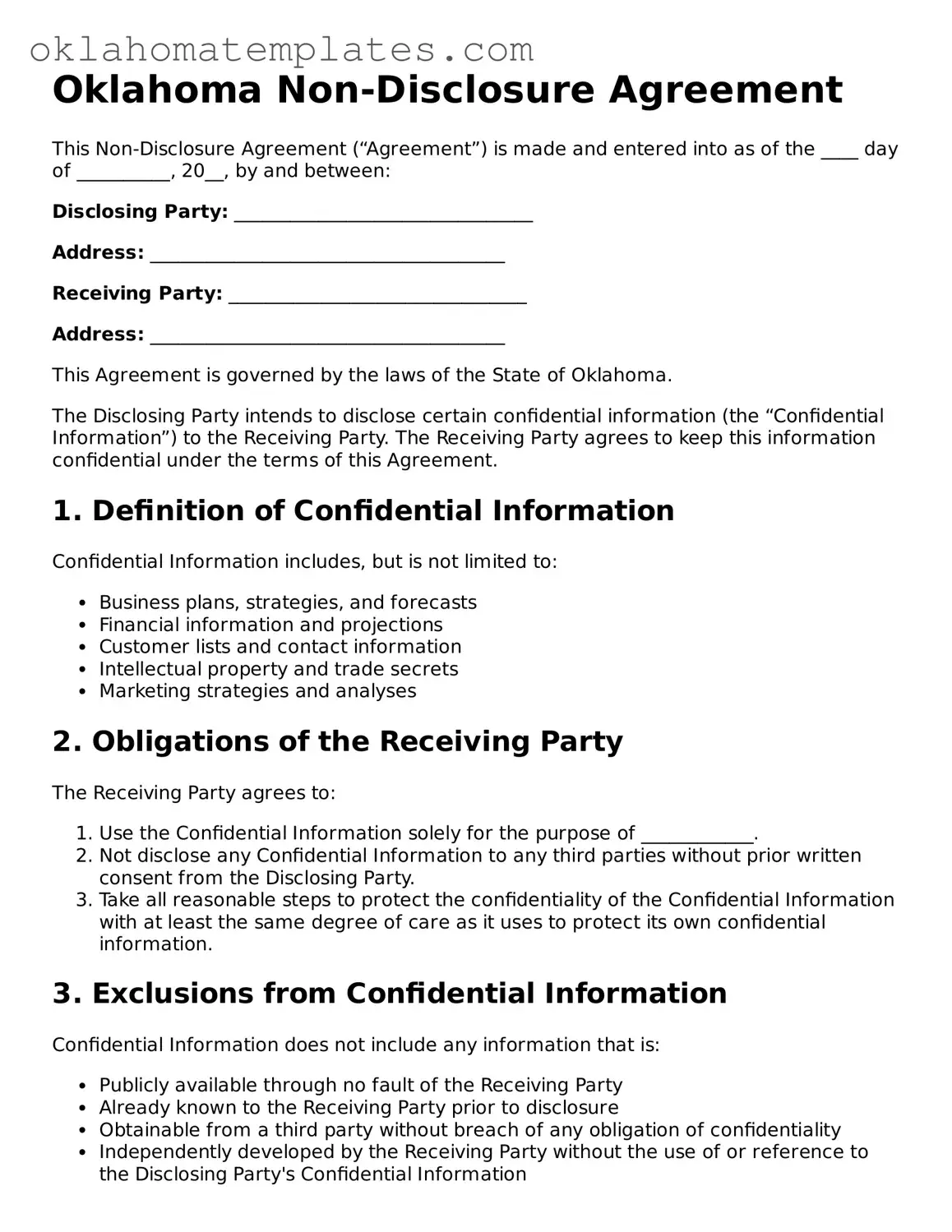 Valid Non-disclosure Agreement Document for the State of Oklahoma
