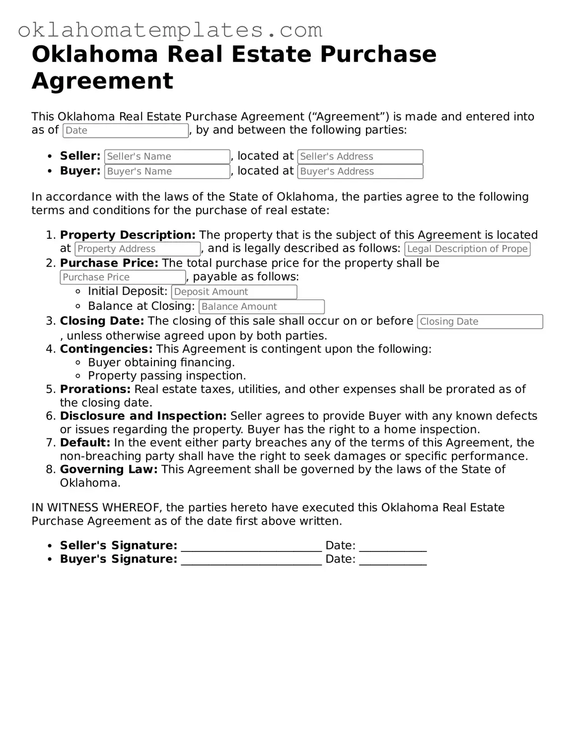 Valid Real Estate Purchase Agreement Document for the State of Oklahoma