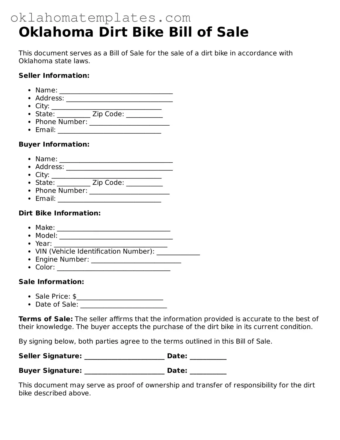 Valid Dirt Bike Bill of Sale Document for the State of Oklahoma