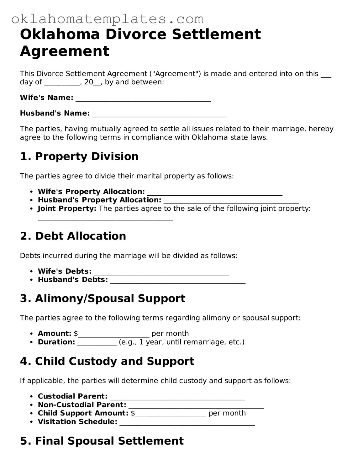 Valid Divorce Settlement Agreement Document for the State of Oklahoma