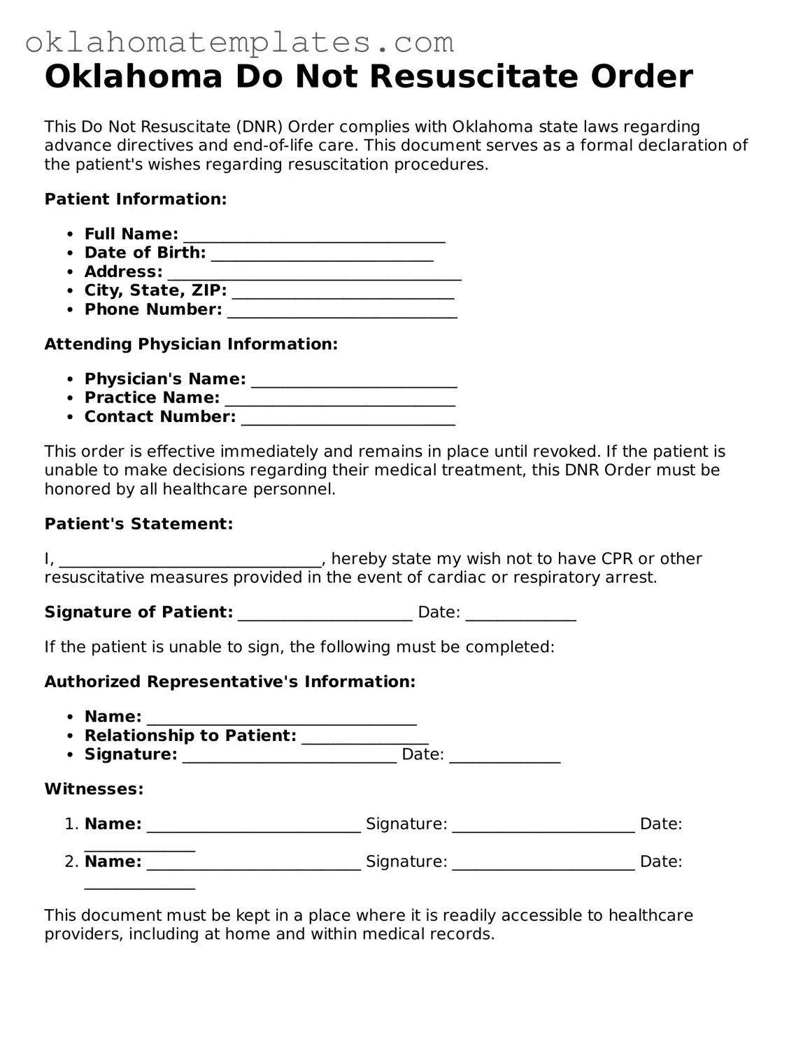 Valid Do Not Resuscitate Order Document for the State of Oklahoma