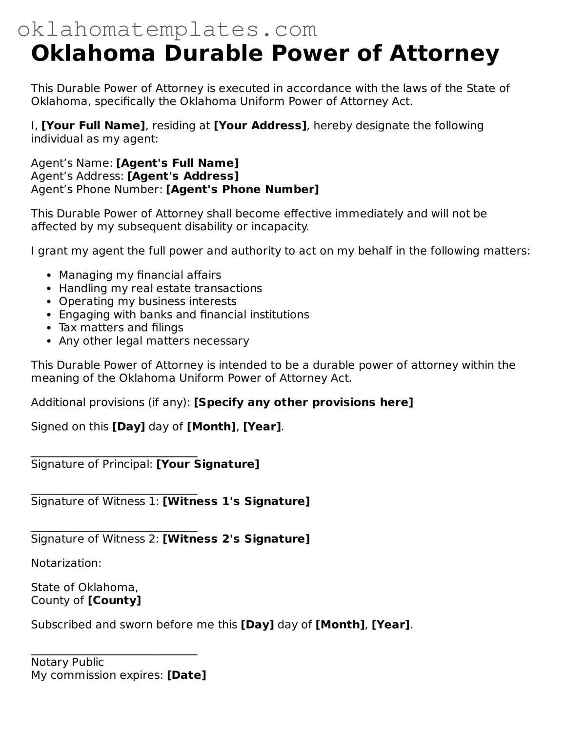 Valid Durable Power of Attorney Document for the State of Oklahoma