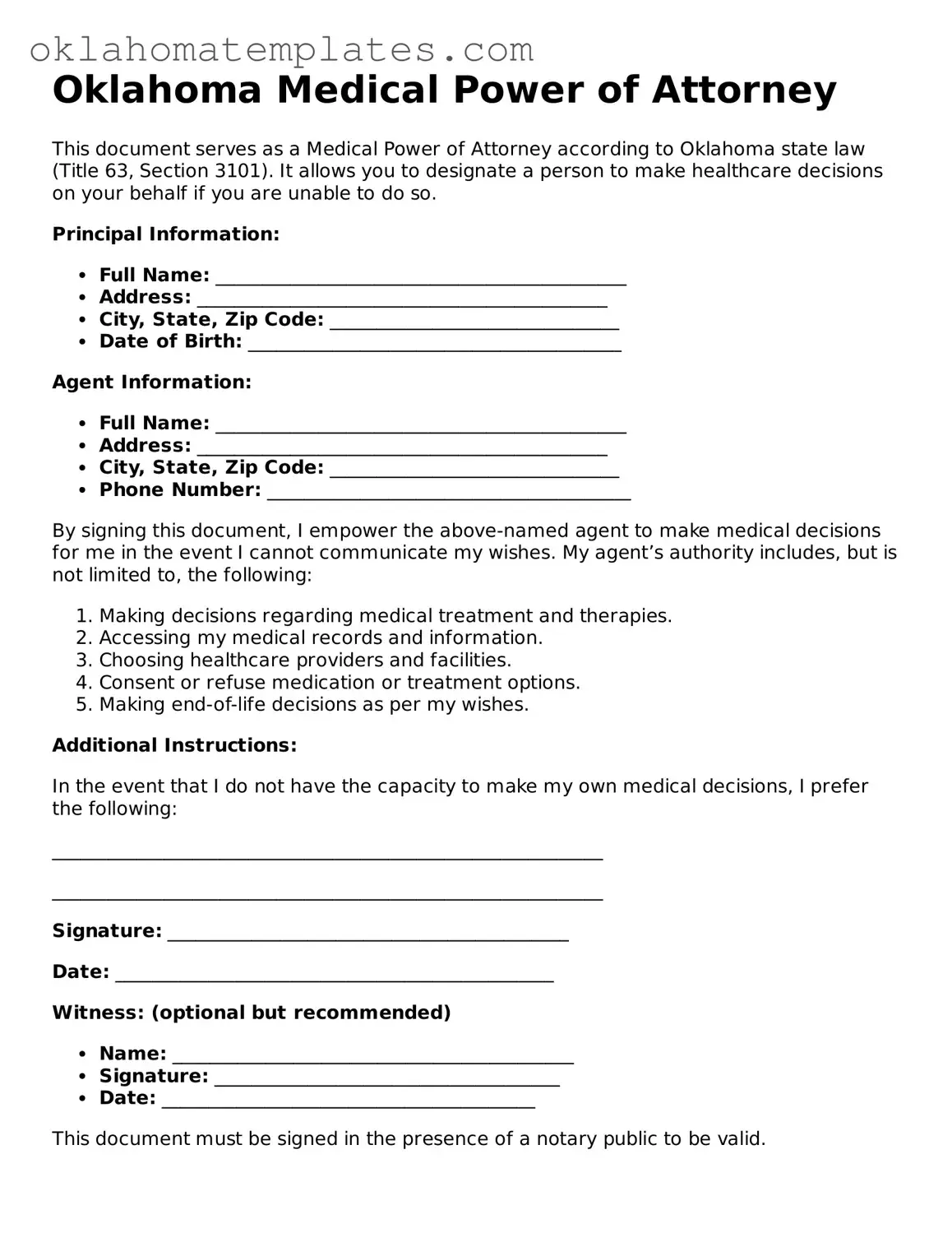 Valid Medical Power of Attorney Document for the State of Oklahoma