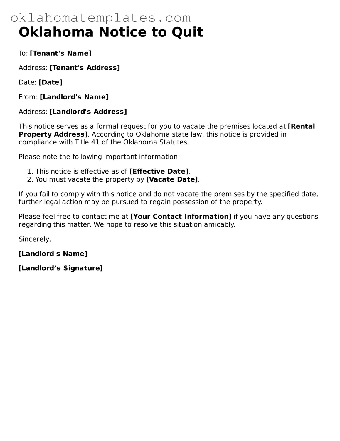 Valid Notice to Quit Document for the State of Oklahoma