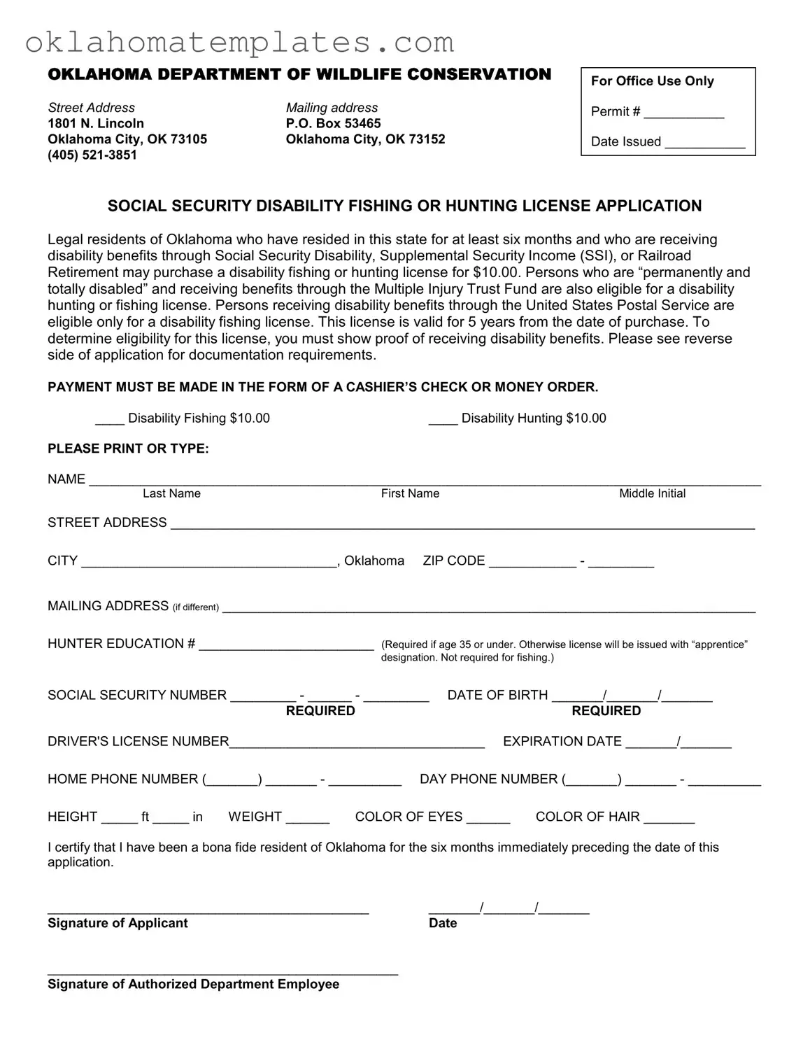 Fill in a Valid Oklahoma Fishing License Application Template