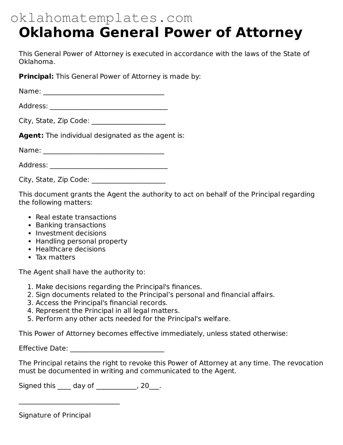 Valid General Power of Attorney Document for the State of Oklahoma