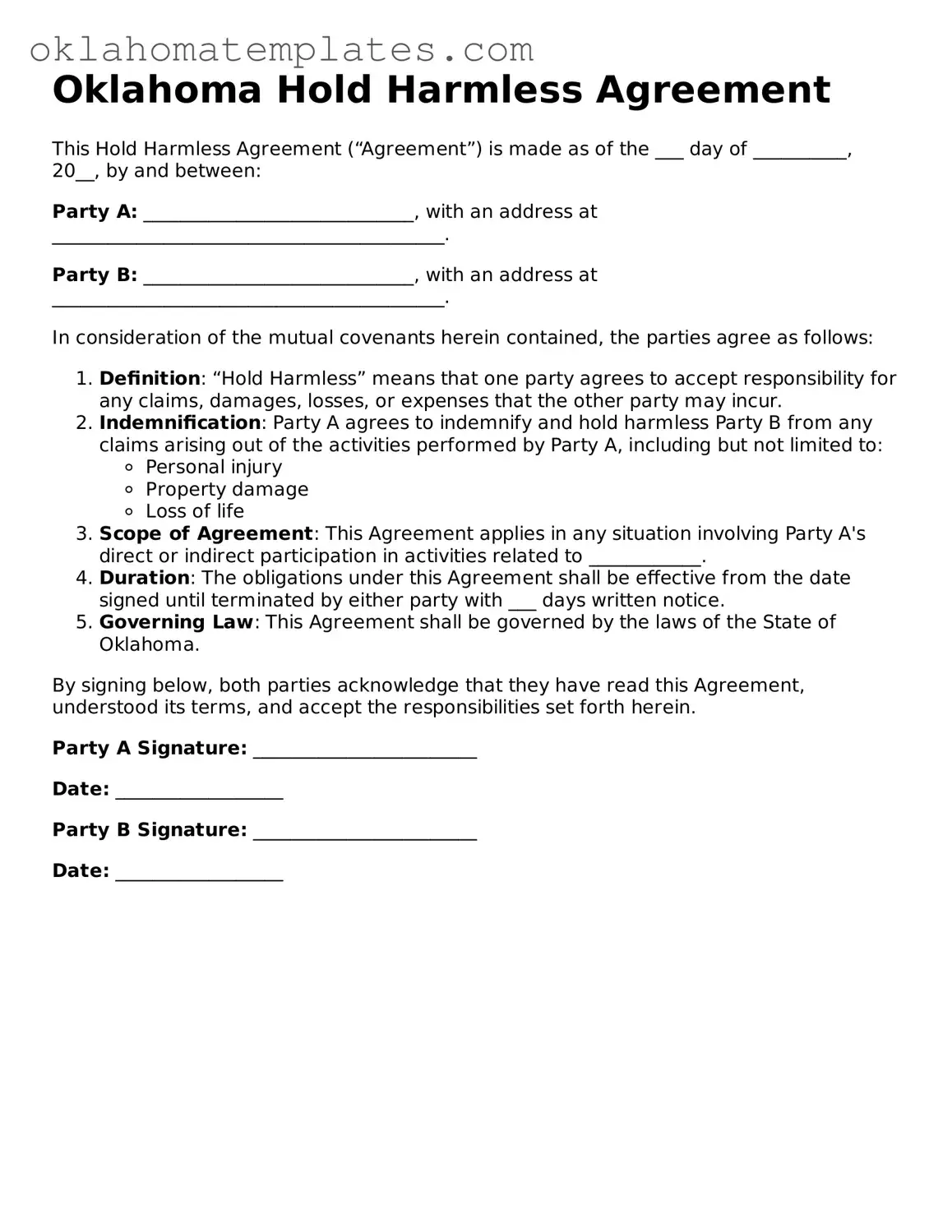 Valid Hold Harmless Agreement Document for the State of Oklahoma