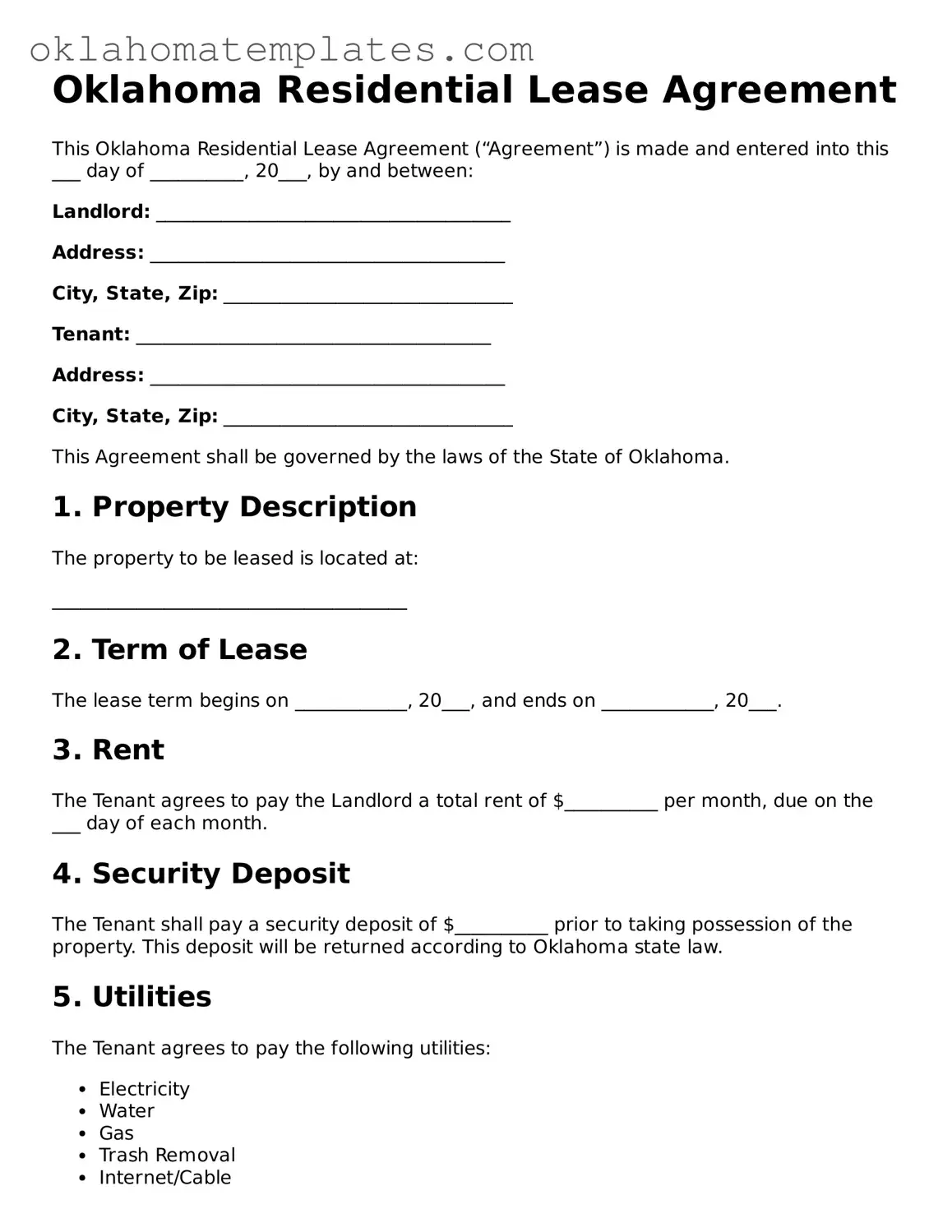 Valid Residential Lease Agreement Document for the State of Oklahoma