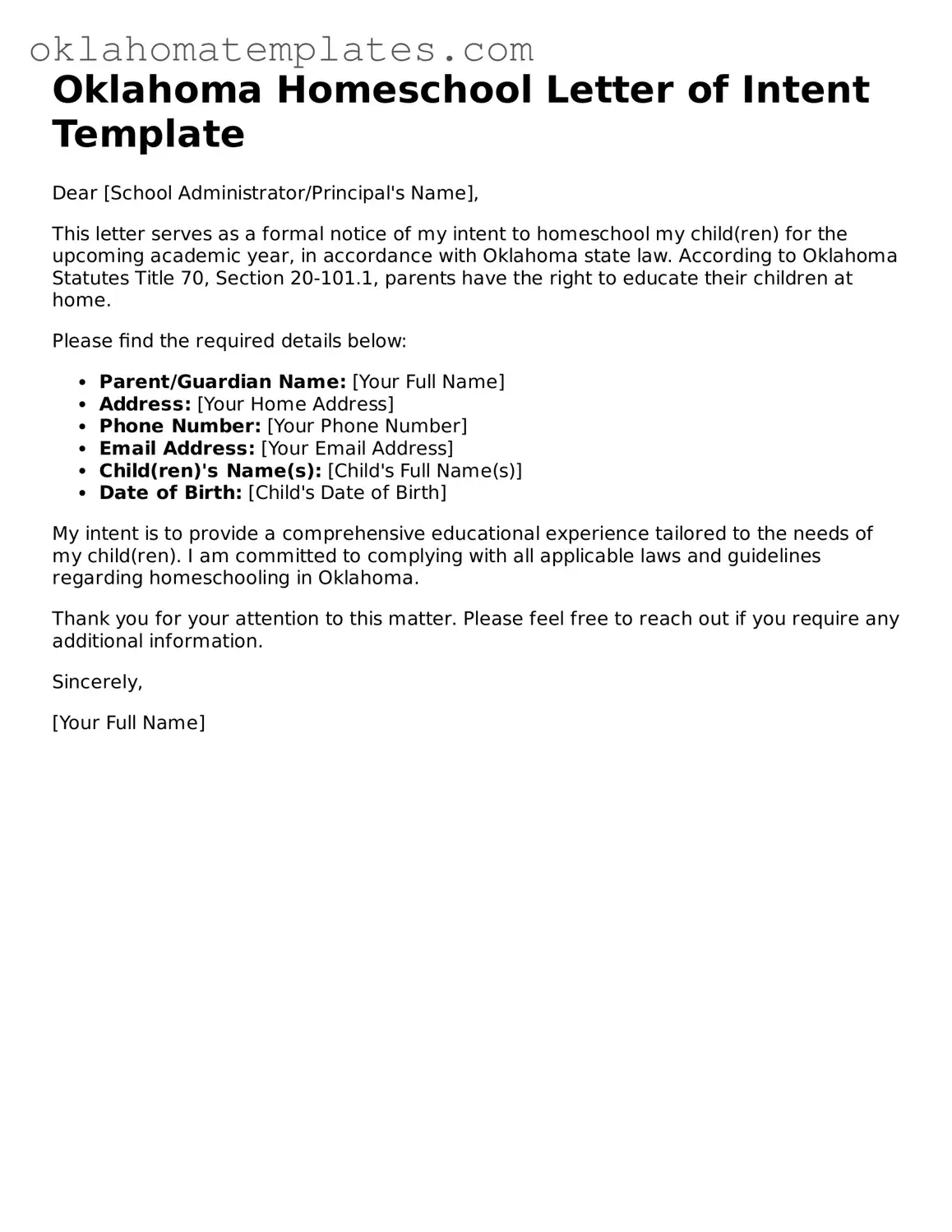 Valid Homeschool Letter of Intent Document for the State of Oklahoma