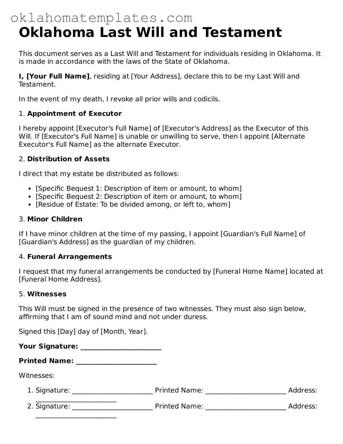 Valid Last Will and Testament Document for the State of Oklahoma