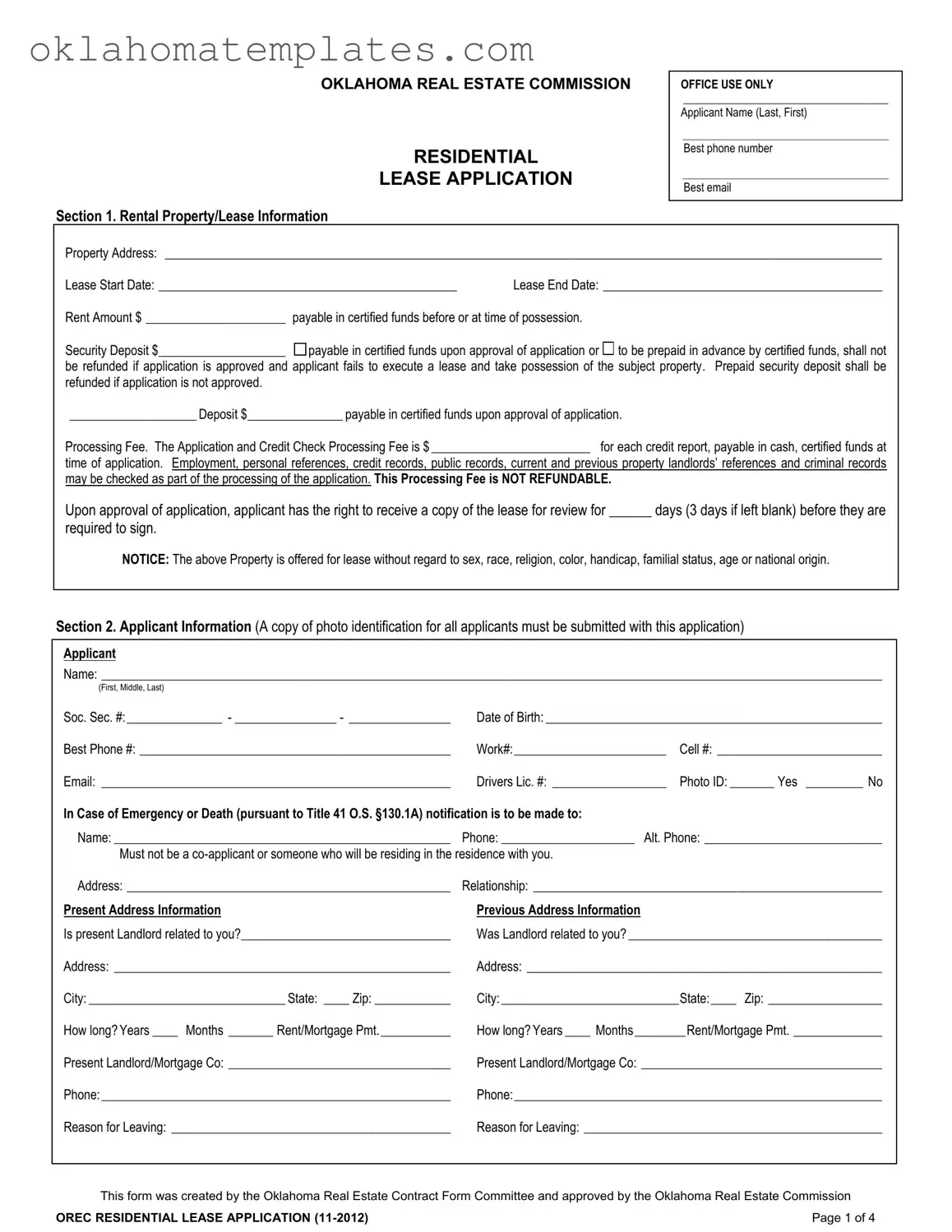Fill in a Valid Oklahoma Lease Application Template