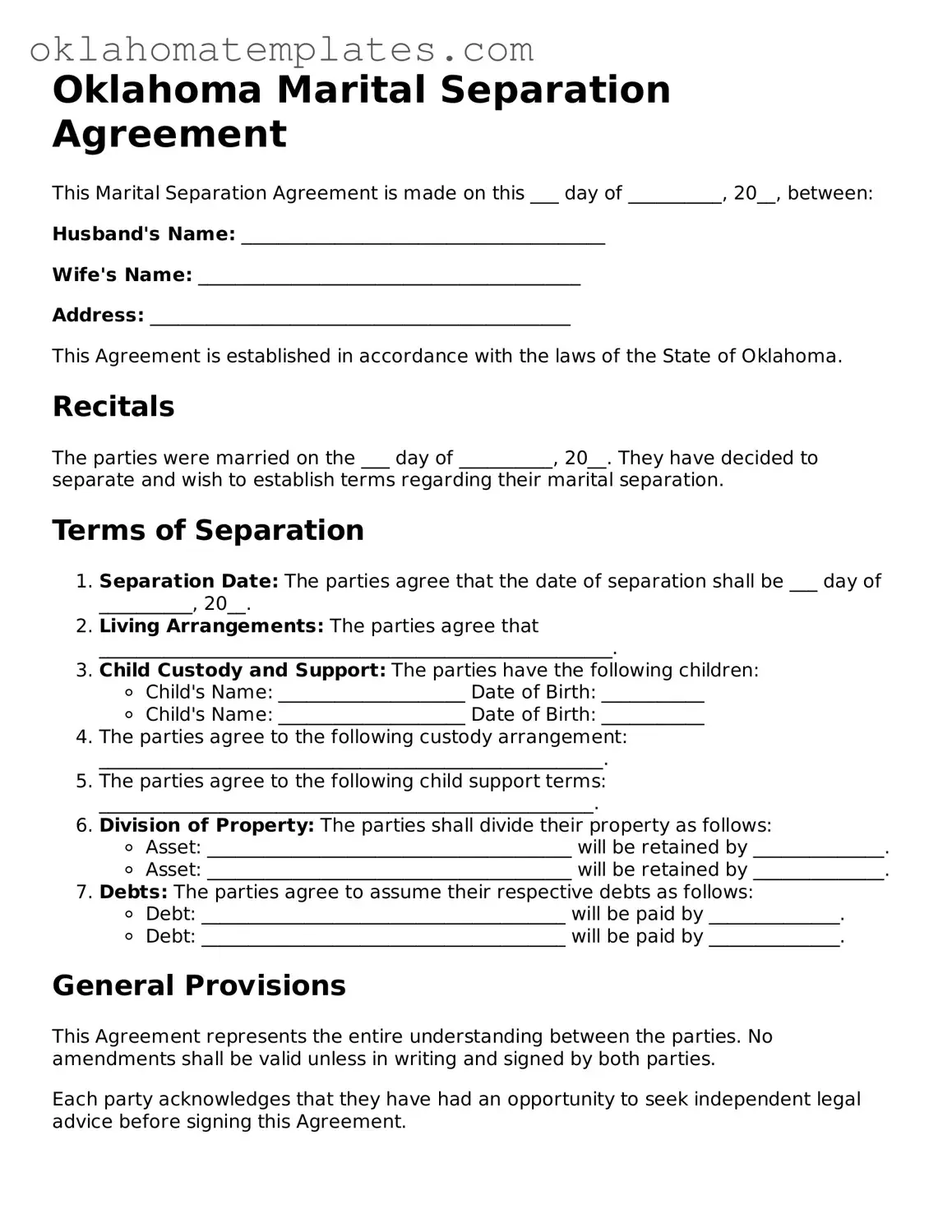 Valid Marital Separation Agreement Document for the State of Oklahoma