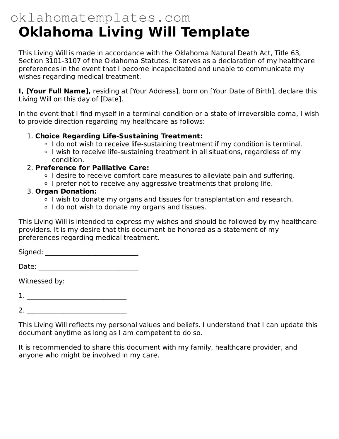 Valid Living Will Document for the State of Oklahoma