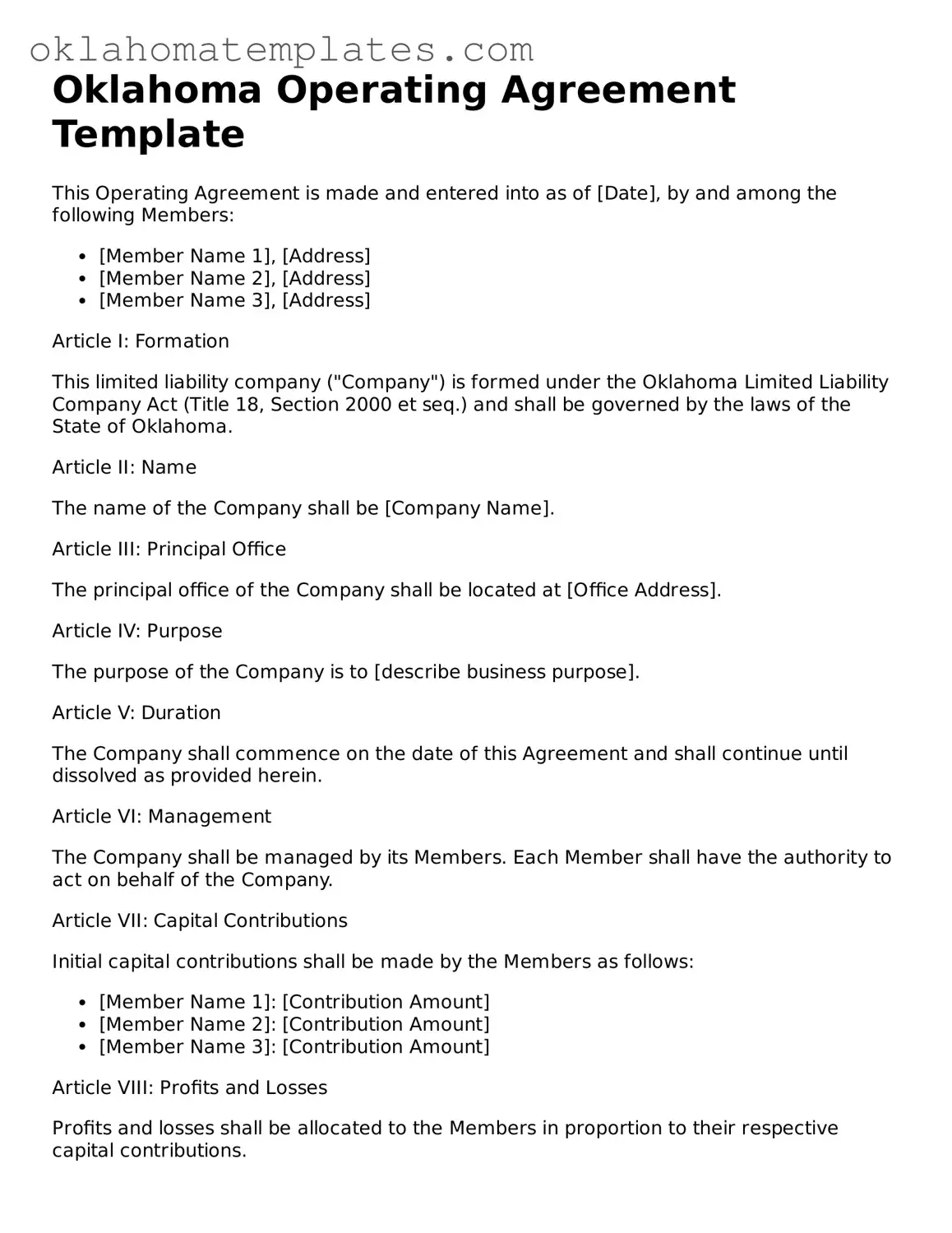Valid Operating Agreement Document for the State of Oklahoma