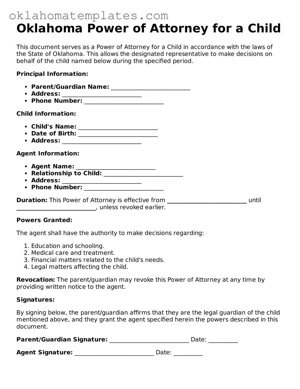 Valid Power of Attorney for a Child Document for the State of Oklahoma
