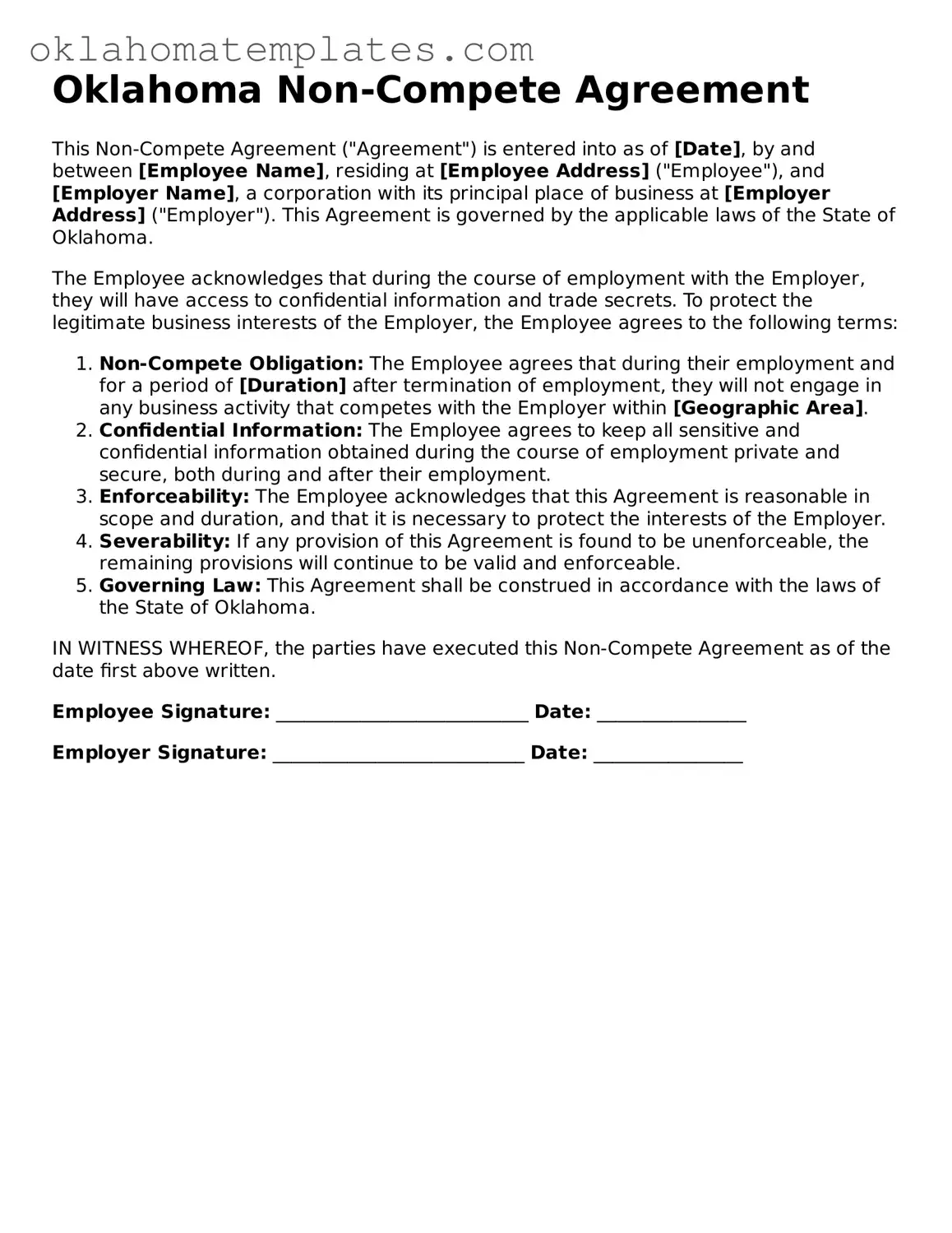 Valid Non-compete Agreement Document for the State of Oklahoma