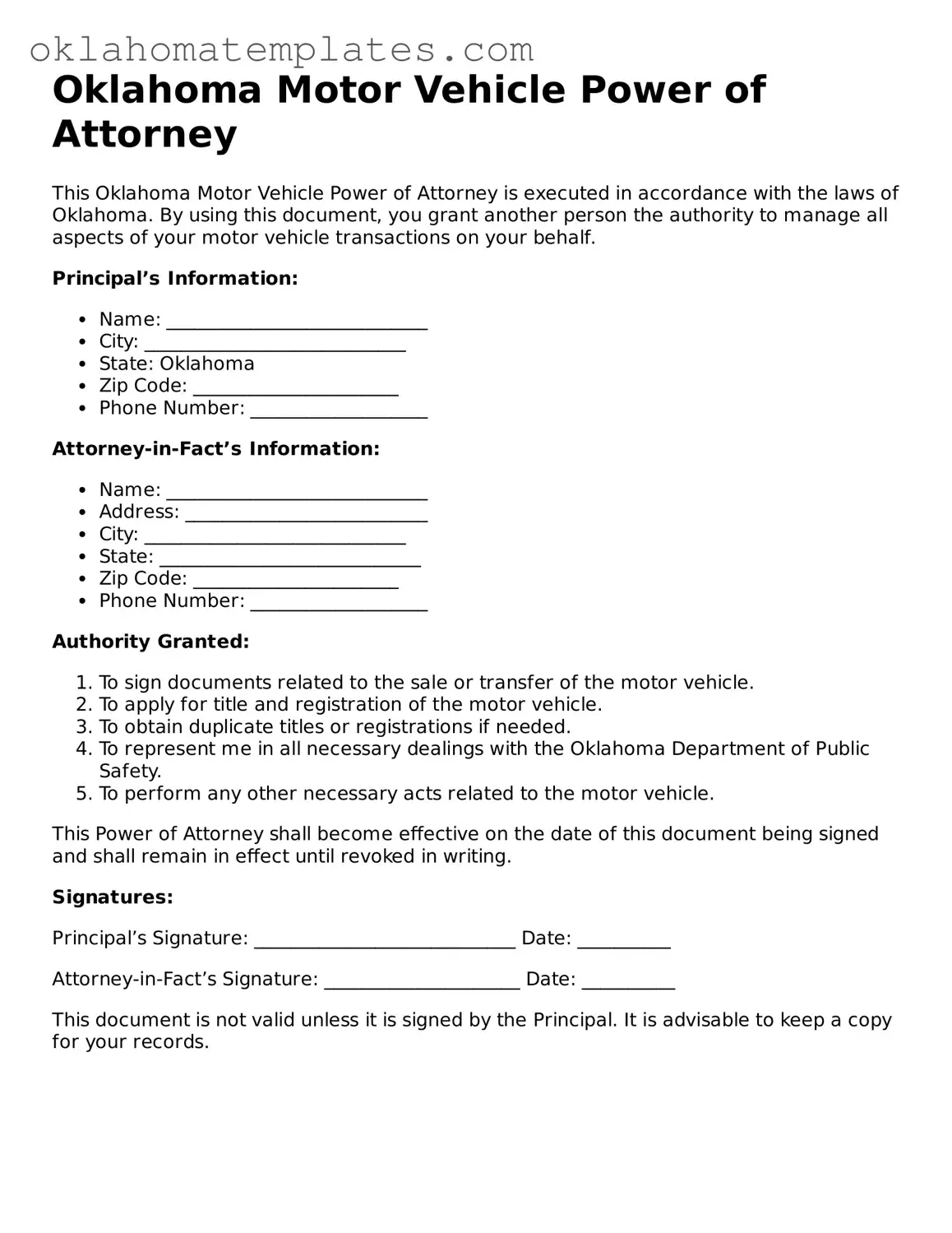 Valid Motor Vehicle Power of Attorney Document for the State of Oklahoma