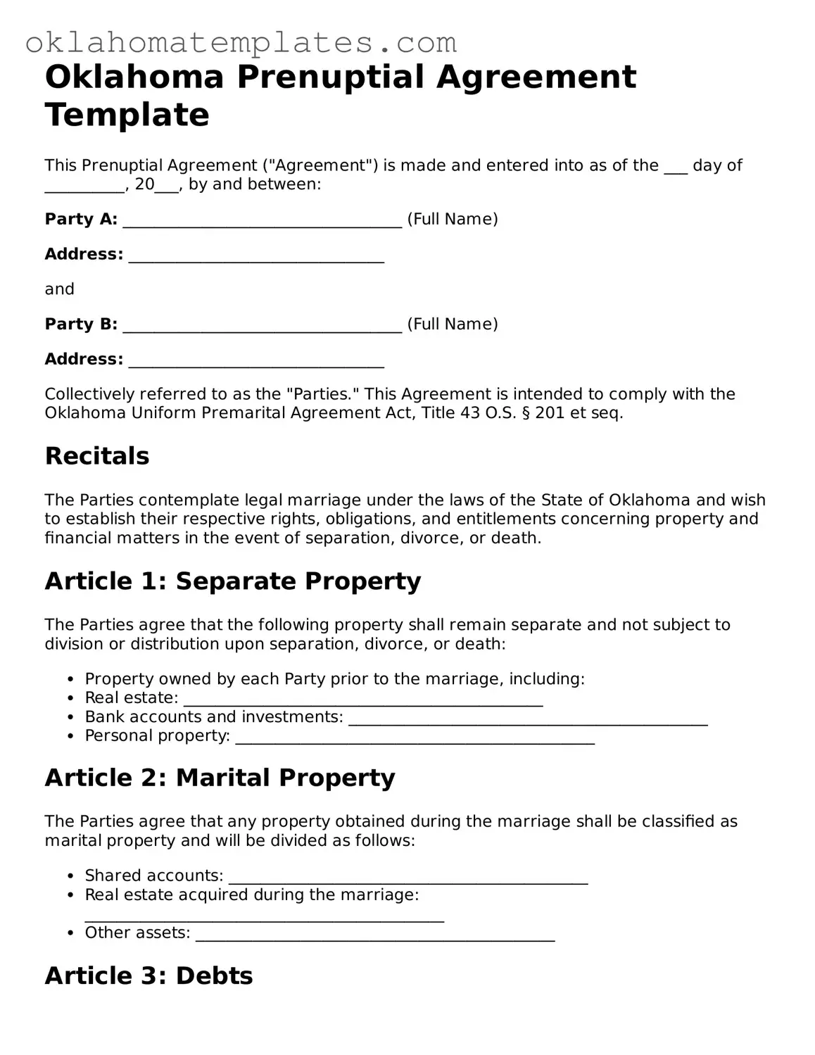 Valid Prenuptial Agreement Document for the State of Oklahoma