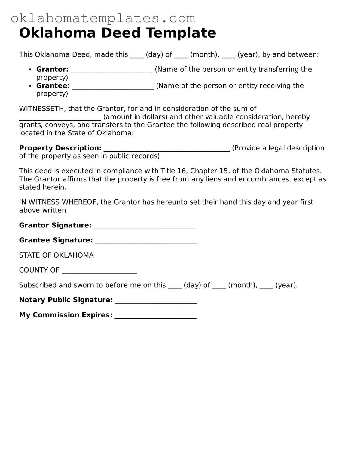 Valid Deed Document for the State of Oklahoma