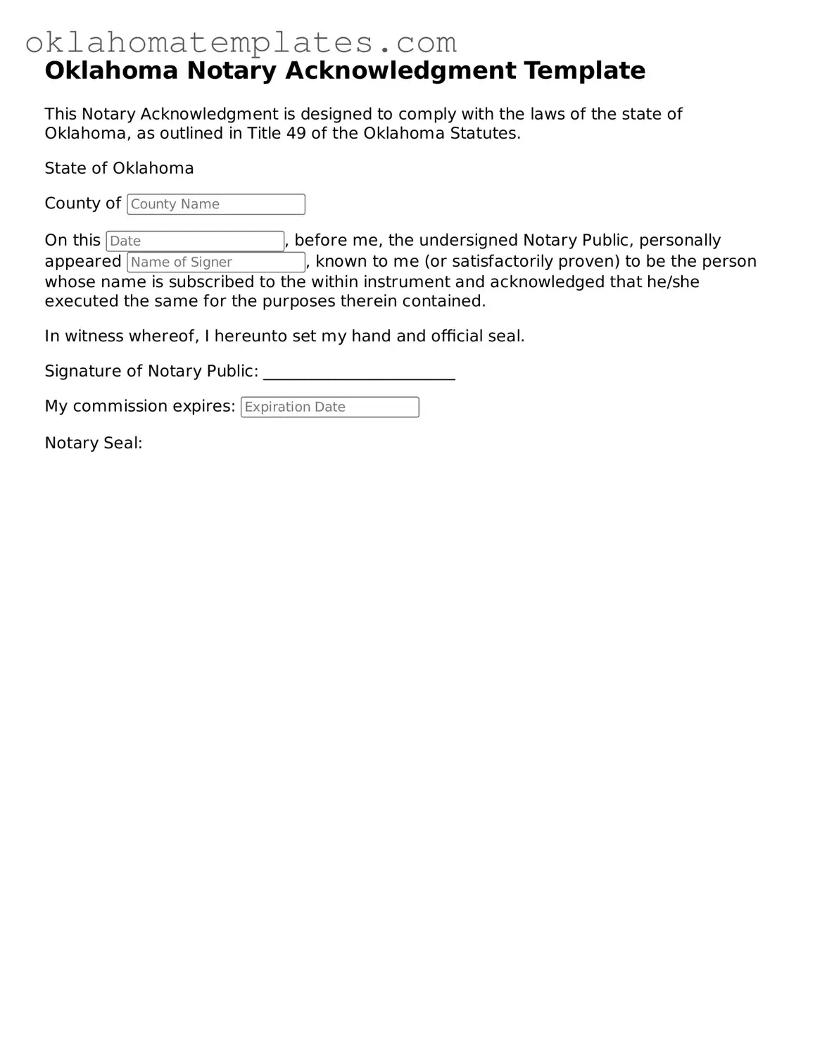 Valid Notary Acknowledgement Document for the State of Oklahoma
