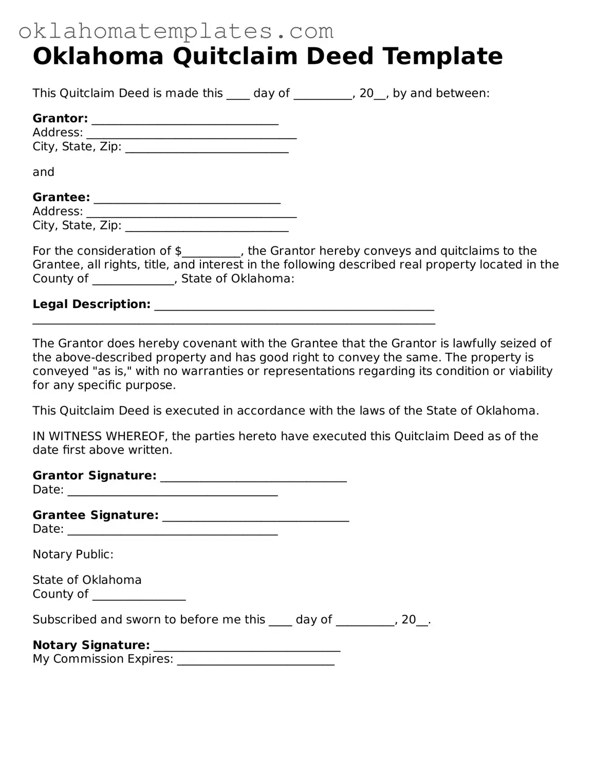 Valid Quitclaim Deed Document for the State of Oklahoma