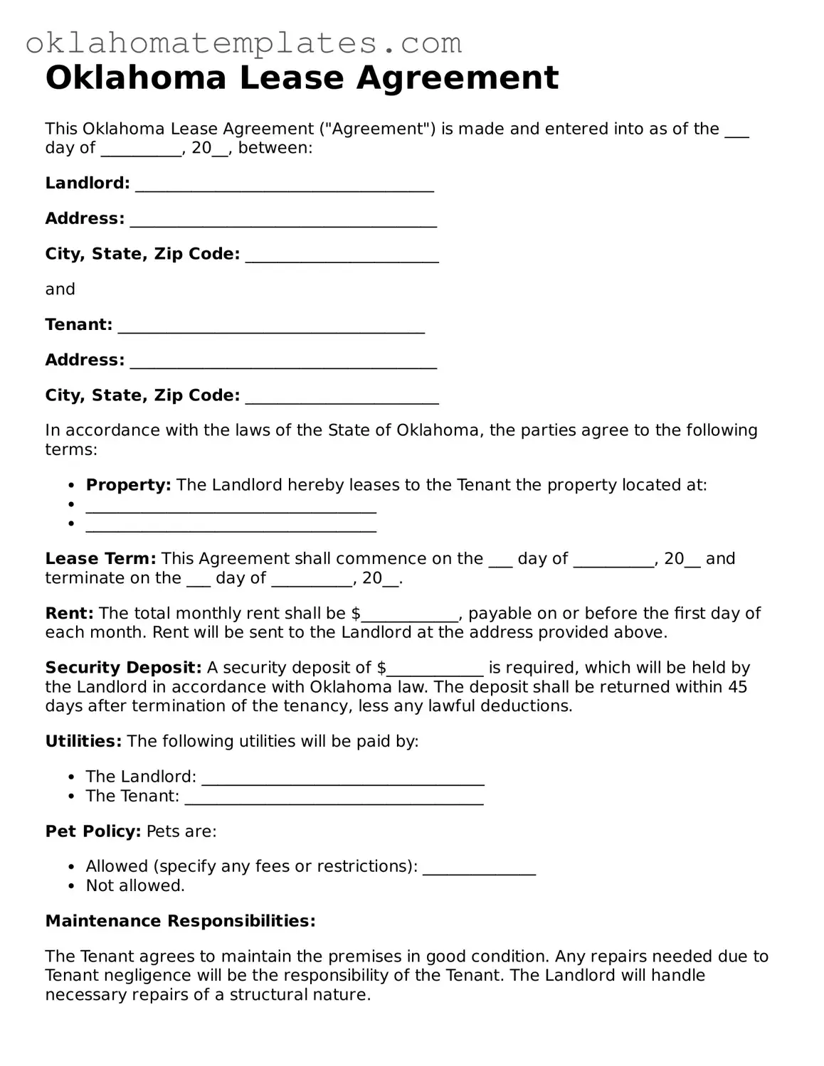 Valid Lease Agreement Document for the State of Oklahoma