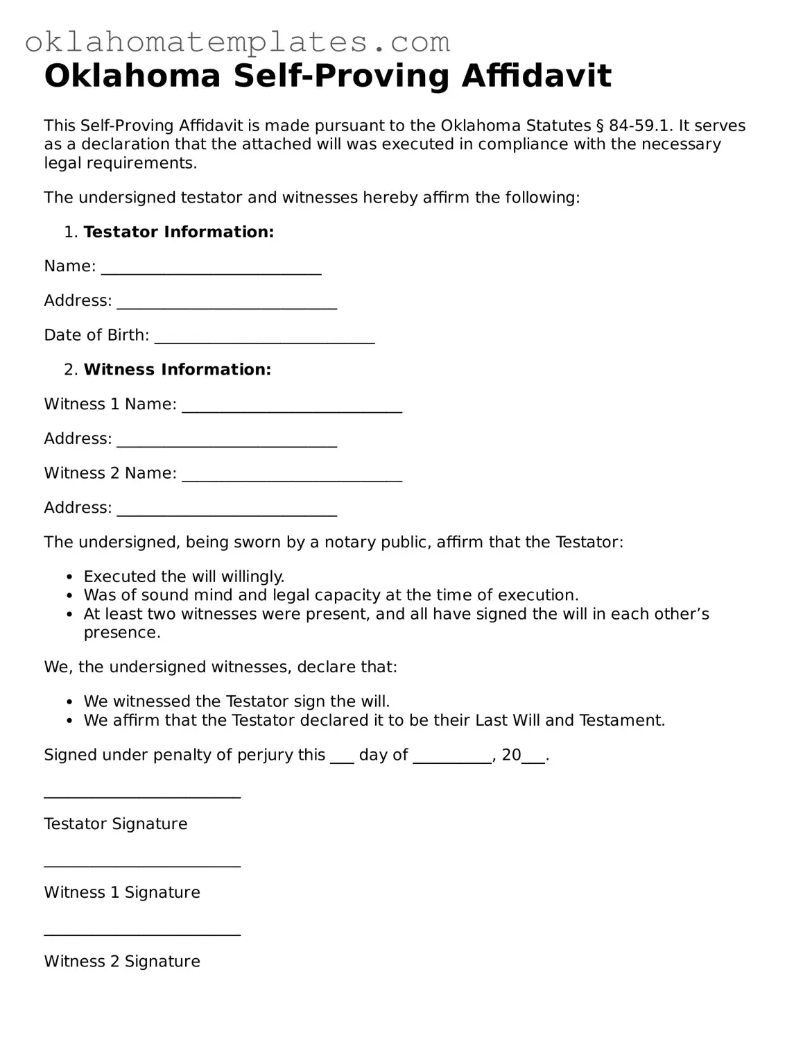 Valid Self-Proving Affidavit Document for the State of Oklahoma