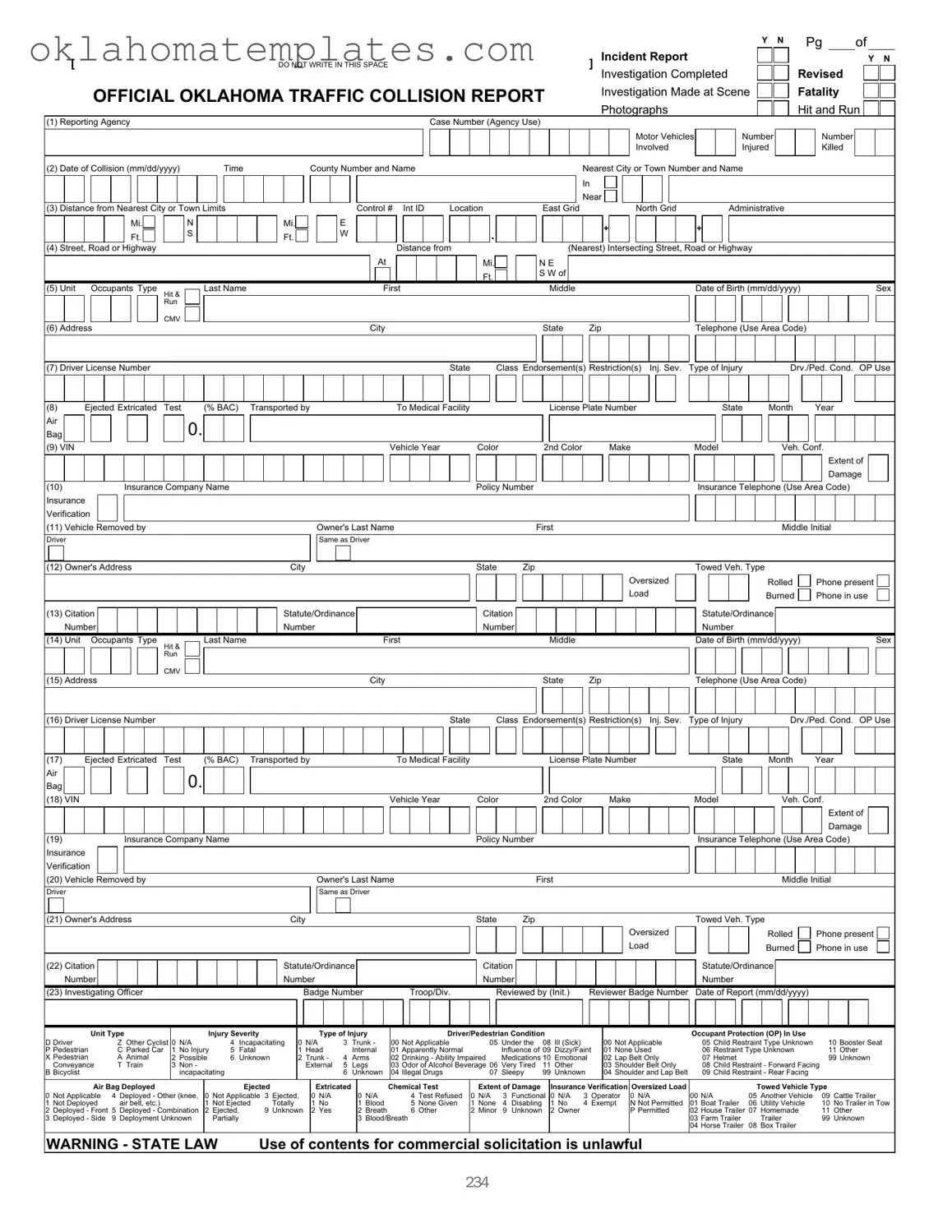Fill in a Valid Oklahoma Traffic Collision Report Template