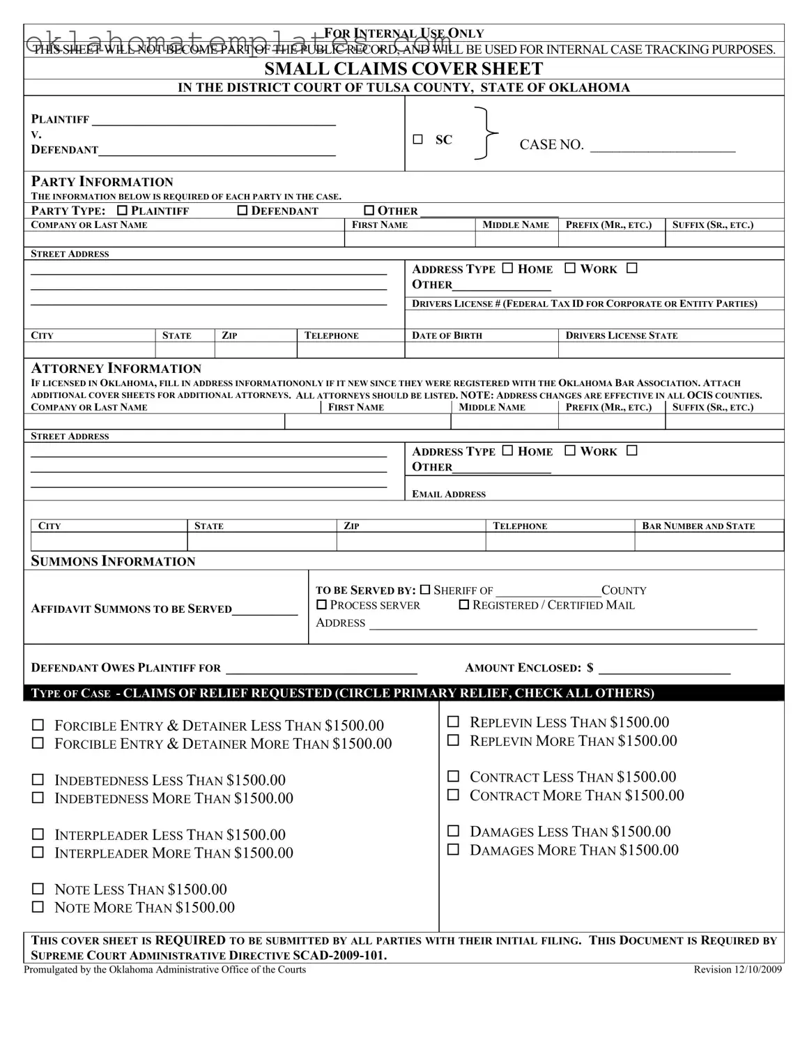 Fill in a Valid Oklahoma Tulsa Small Claims Template