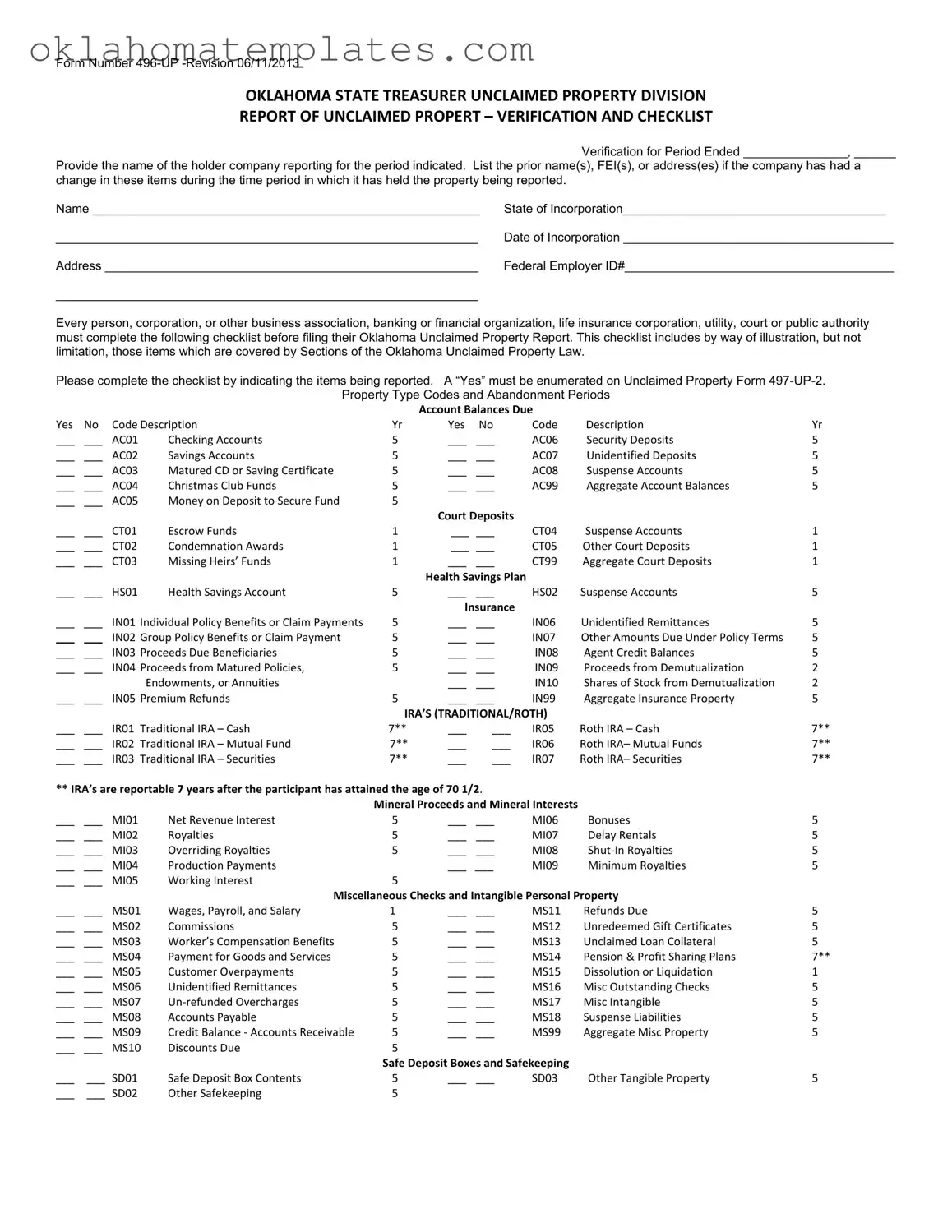 Fill in a Valid Oklahoma Unclaimed Property 496 Up Template
