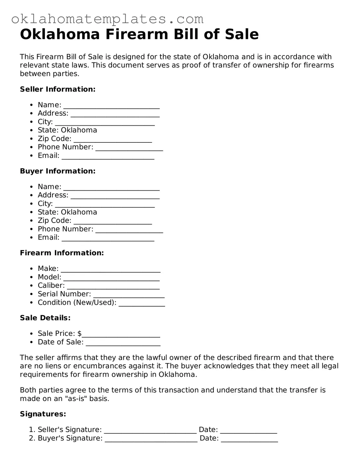 Valid Firearm Bill of Sale Document for the State of Oklahoma