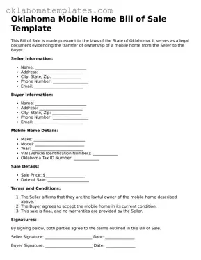 Valid Mobile Home Bill of Sale Document for the State of Oklahoma
