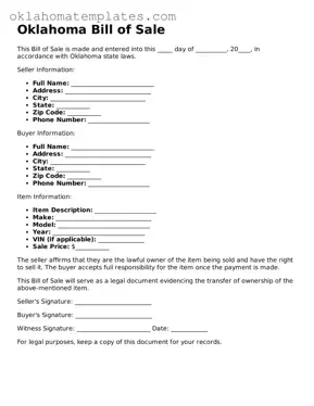 Valid Bill of Sale Document for the State of Oklahoma